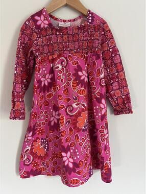 Hanna Andersson Pink Floral Smocked Long Sleeve Dress, Size 4 (100)